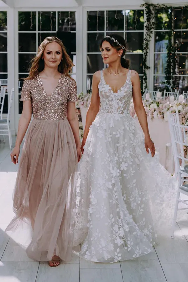 3D Floral Lace V Neck Floor Length Bohemian Wedding Dress TN374