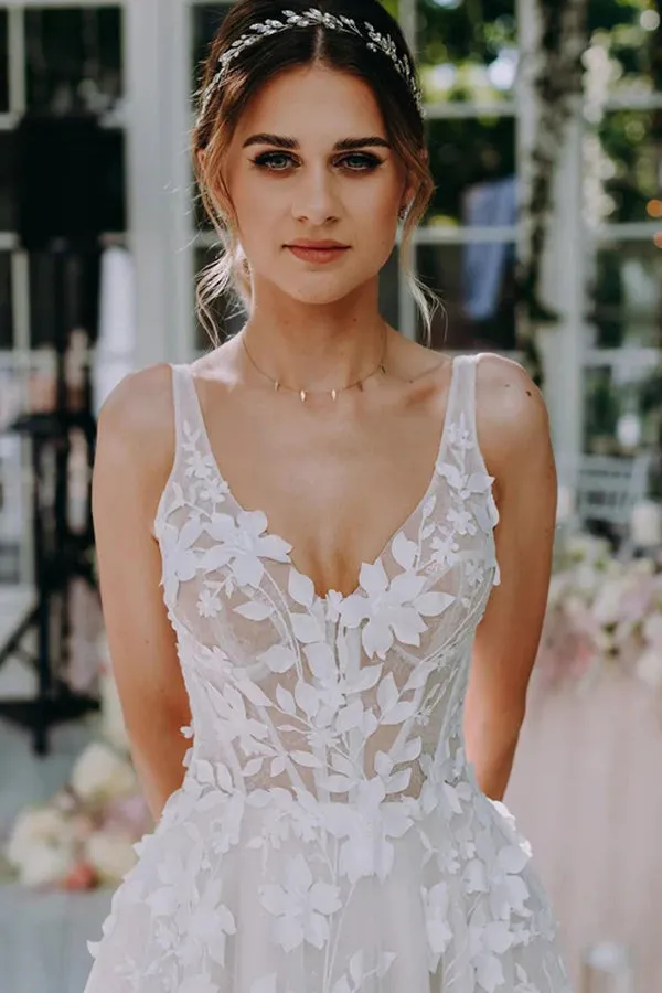 3D Floral Lace V Neck Floor Length Bohemian Wedding Dress TN374