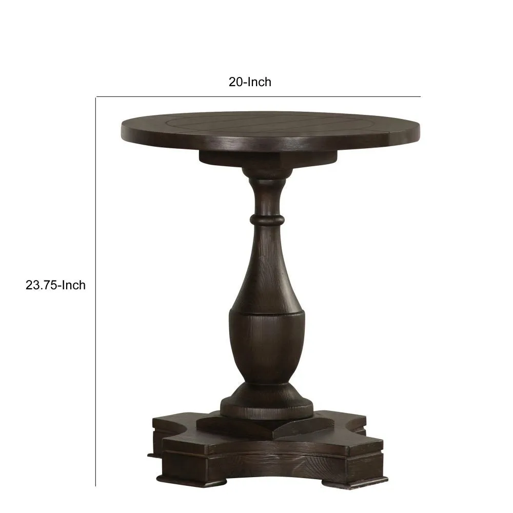 Aria 24 Inch Side End Table, Round Plank Top, Turned Pedestal, Dark Brown By Casagear Home