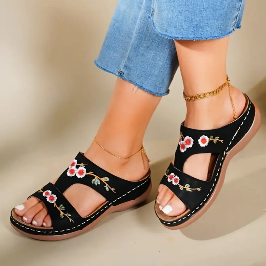 Blisscomfy Arch Support Floral Embroidered Slide Sandals