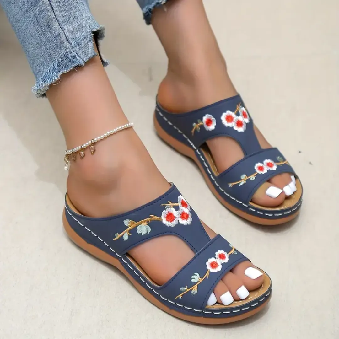 Blisscomfy Arch Support Floral Embroidered Slide Sandals