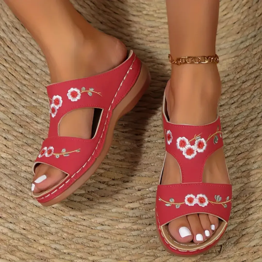 Blisscomfy Arch Support Floral Embroidered Slide Sandals