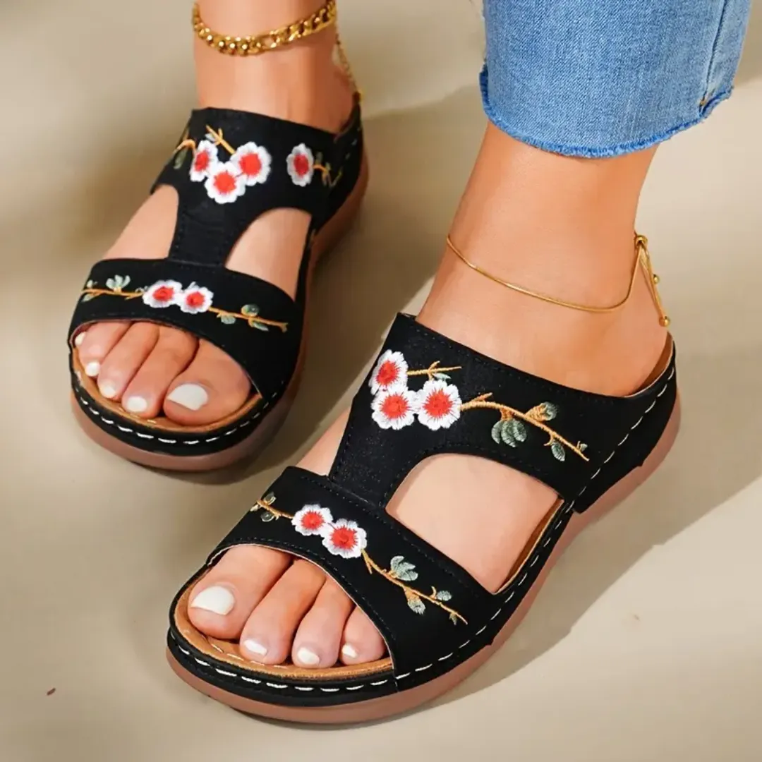 Blisscomfy Arch Support Floral Embroidered Slide Sandals