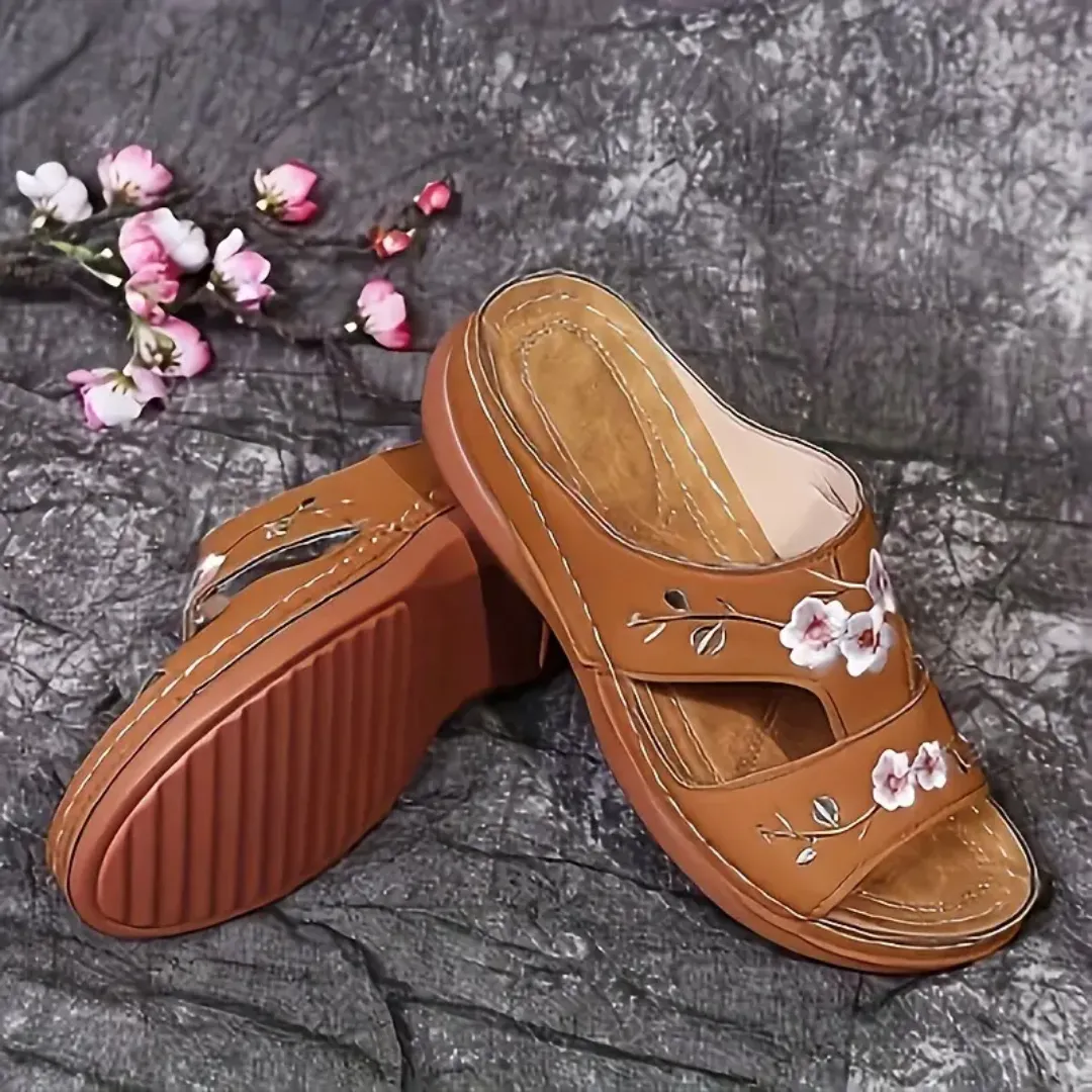 Blisscomfy Arch Support Floral Embroidered Slide Sandals