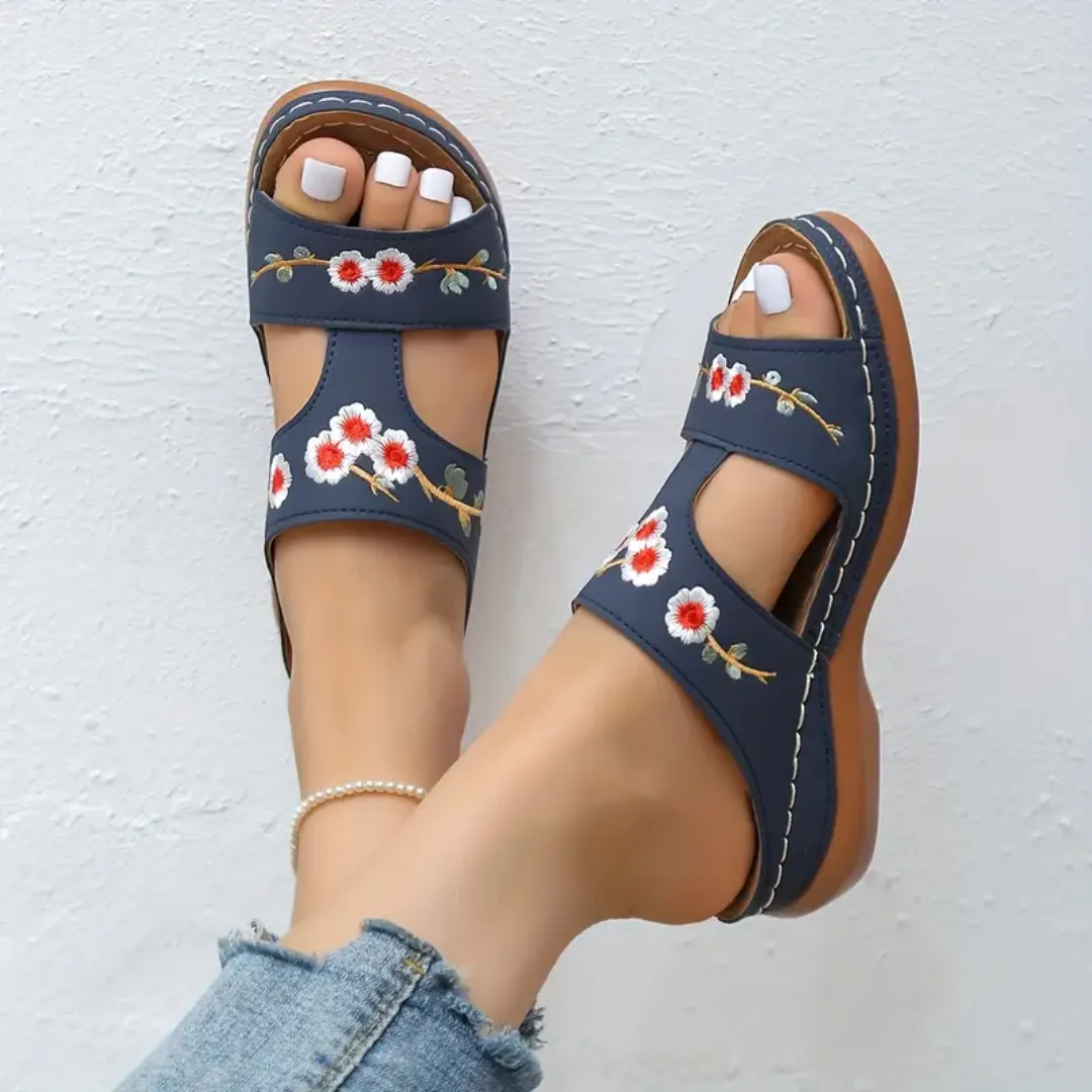 Blisscomfy Arch Support Floral Embroidered Slide Sandals