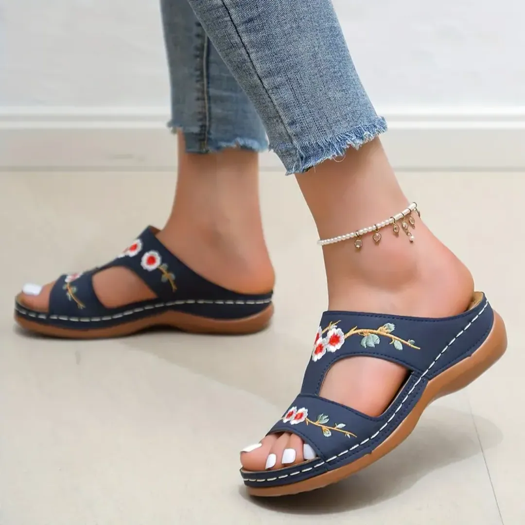 Blisscomfy Arch Support Floral Embroidered Slide Sandals