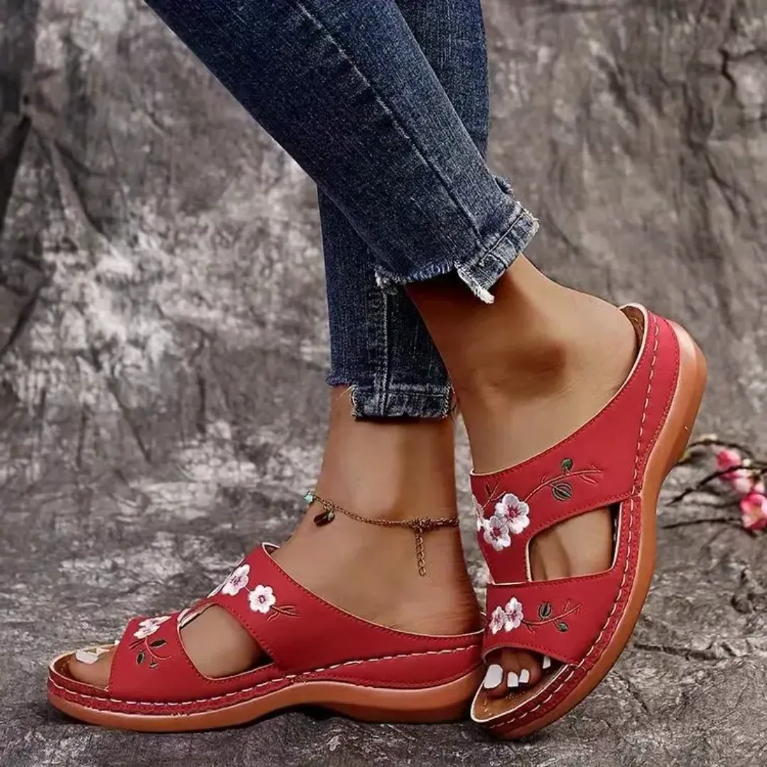 Blisscomfy Arch Support Floral Embroidered Slide Sandals