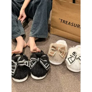 Bow Furry Round Toe Slippers