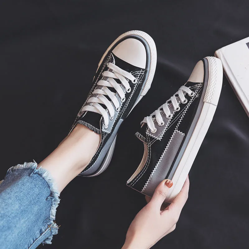 Cool Women's Stitching Front Black Flat Canvas Shoes