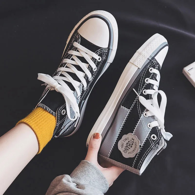 Cool Women's Stitching Front Black Flat Canvas Shoes