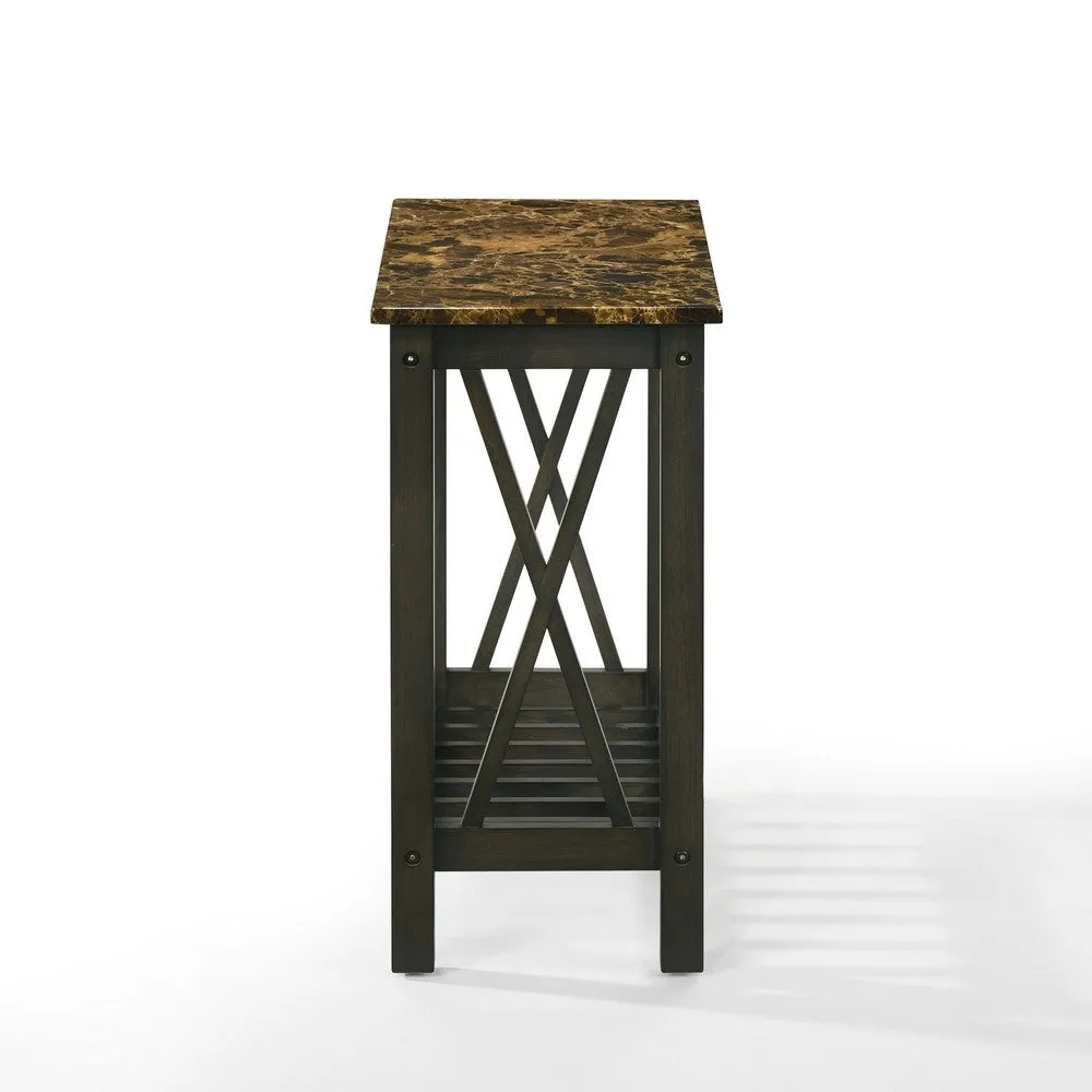 Elena 24 Inch Narrow Side Table, Lower Slatted Shelf, Faux Marble, Espresso By Casagear Home