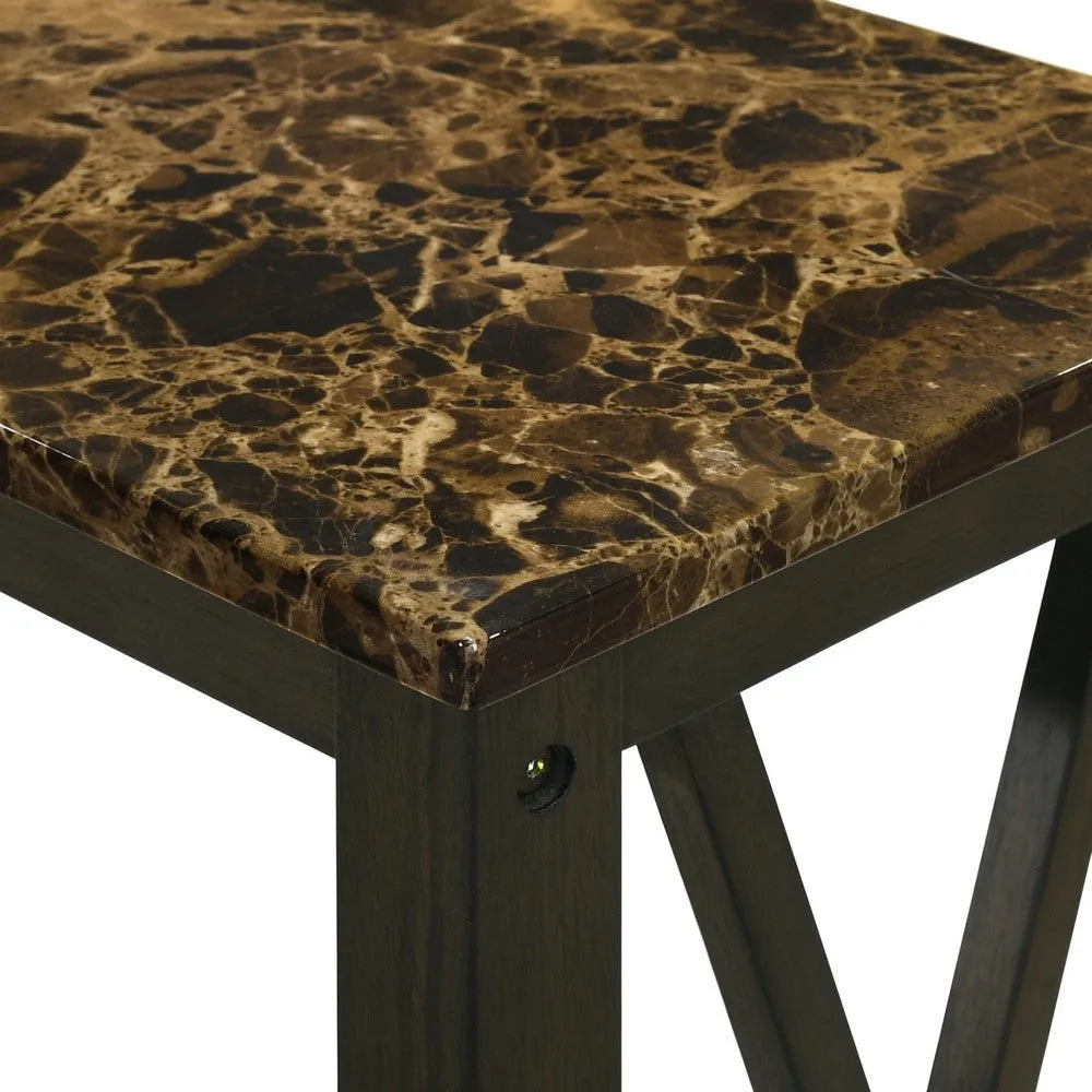 Elena 24 Inch Narrow Side Table, Lower Slatted Shelf, Faux Marble, Espresso By Casagear Home