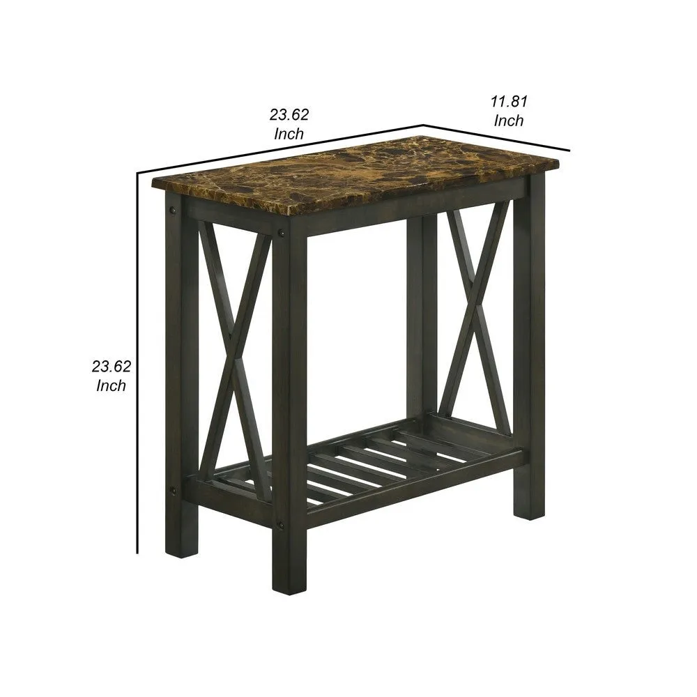 Elena 24 Inch Narrow Side Table, Lower Slatted Shelf, Faux Marble, Espresso By Casagear Home