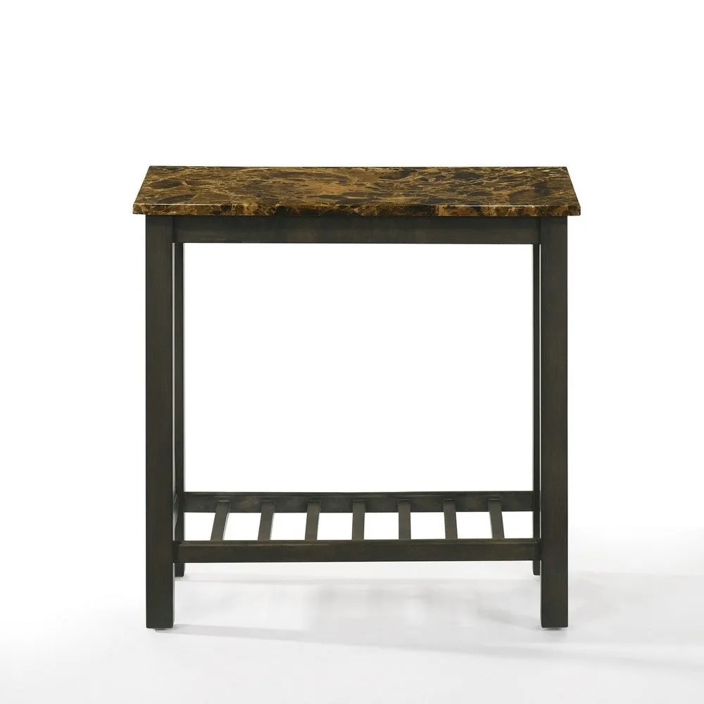 Elena 24 Inch Narrow Side Table, Lower Slatted Shelf, Faux Marble, Espresso By Casagear Home