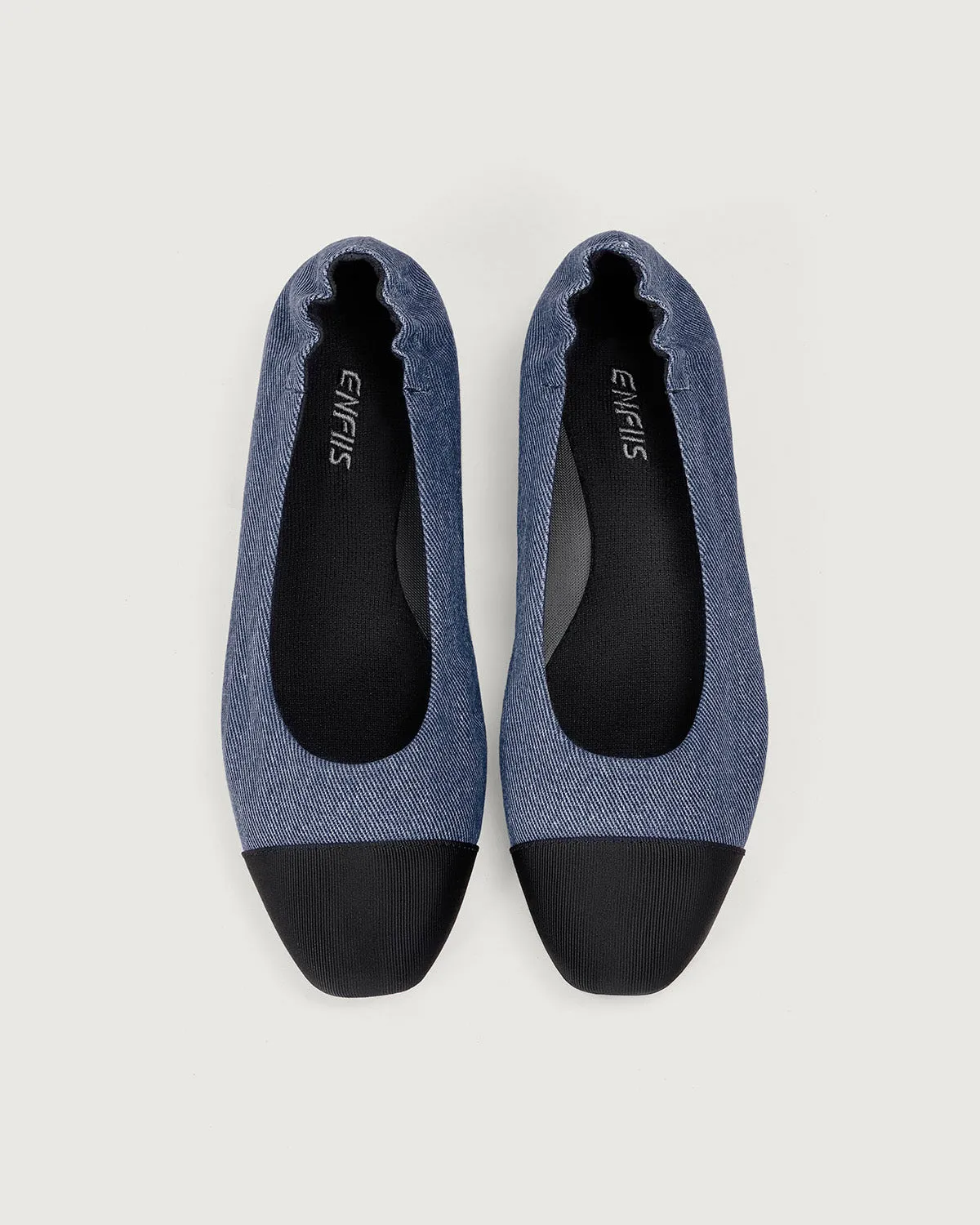 Enfiis Blue Twill Denim Square Toe Ballet Flats
