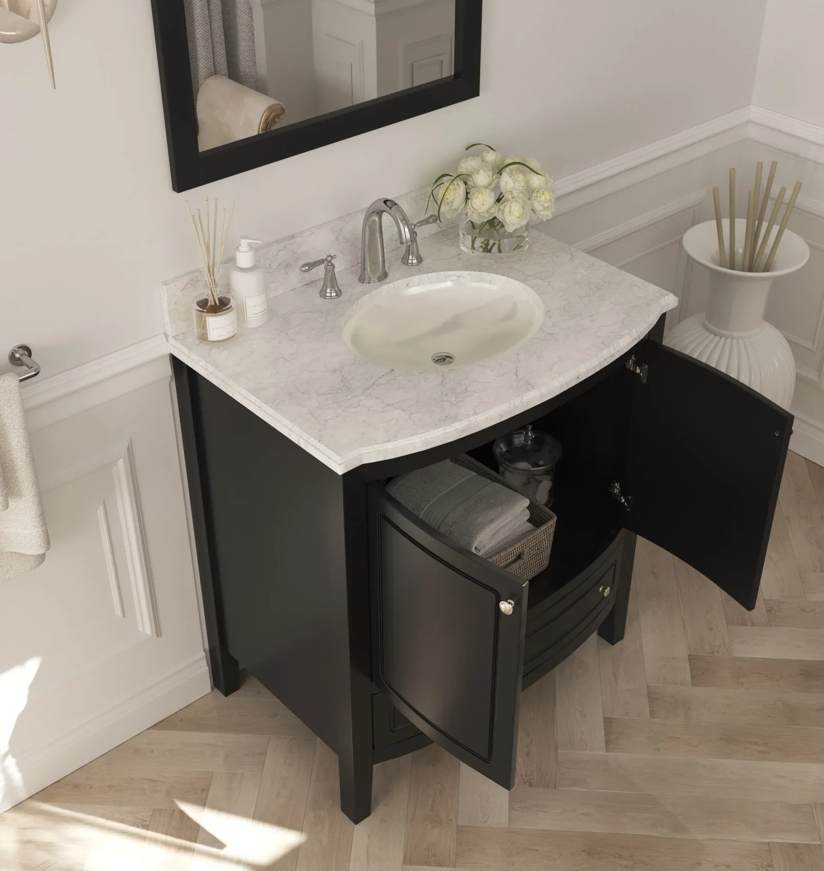 Estella 32 - Espresso Cabinet   White Carrara Marble Countertop