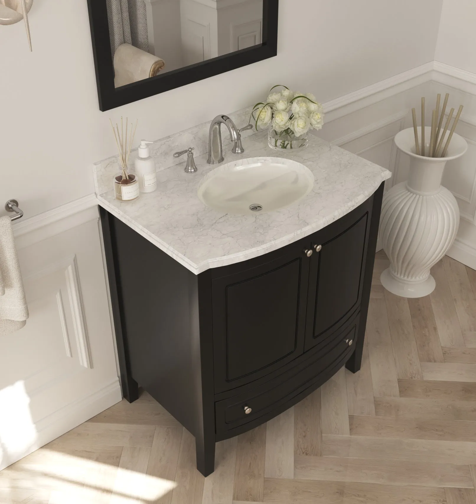 Estella 32 - Espresso Cabinet   White Carrara Marble Countertop