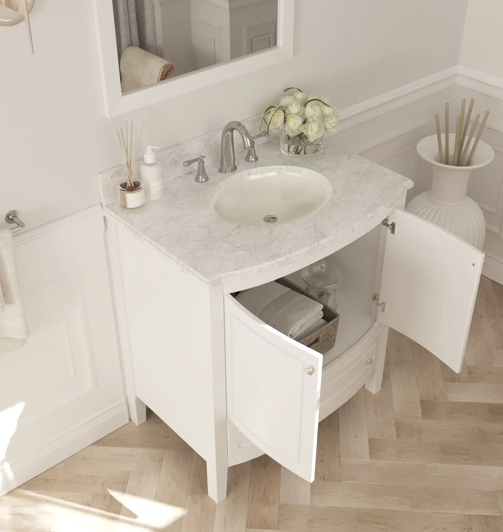 Estella 32 - White Cabinet   White Carrara Marble Countertop