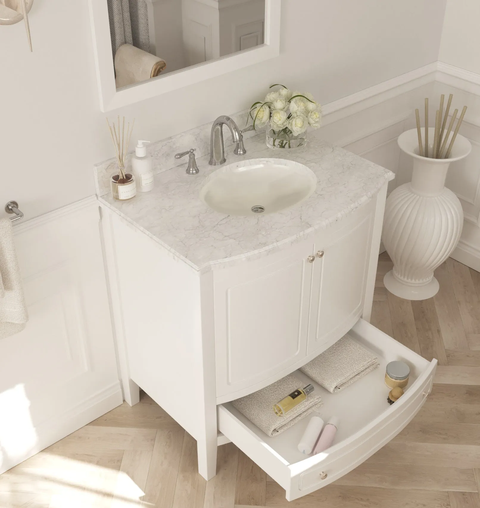Estella 32 - White Cabinet   White Carrara Marble Countertop