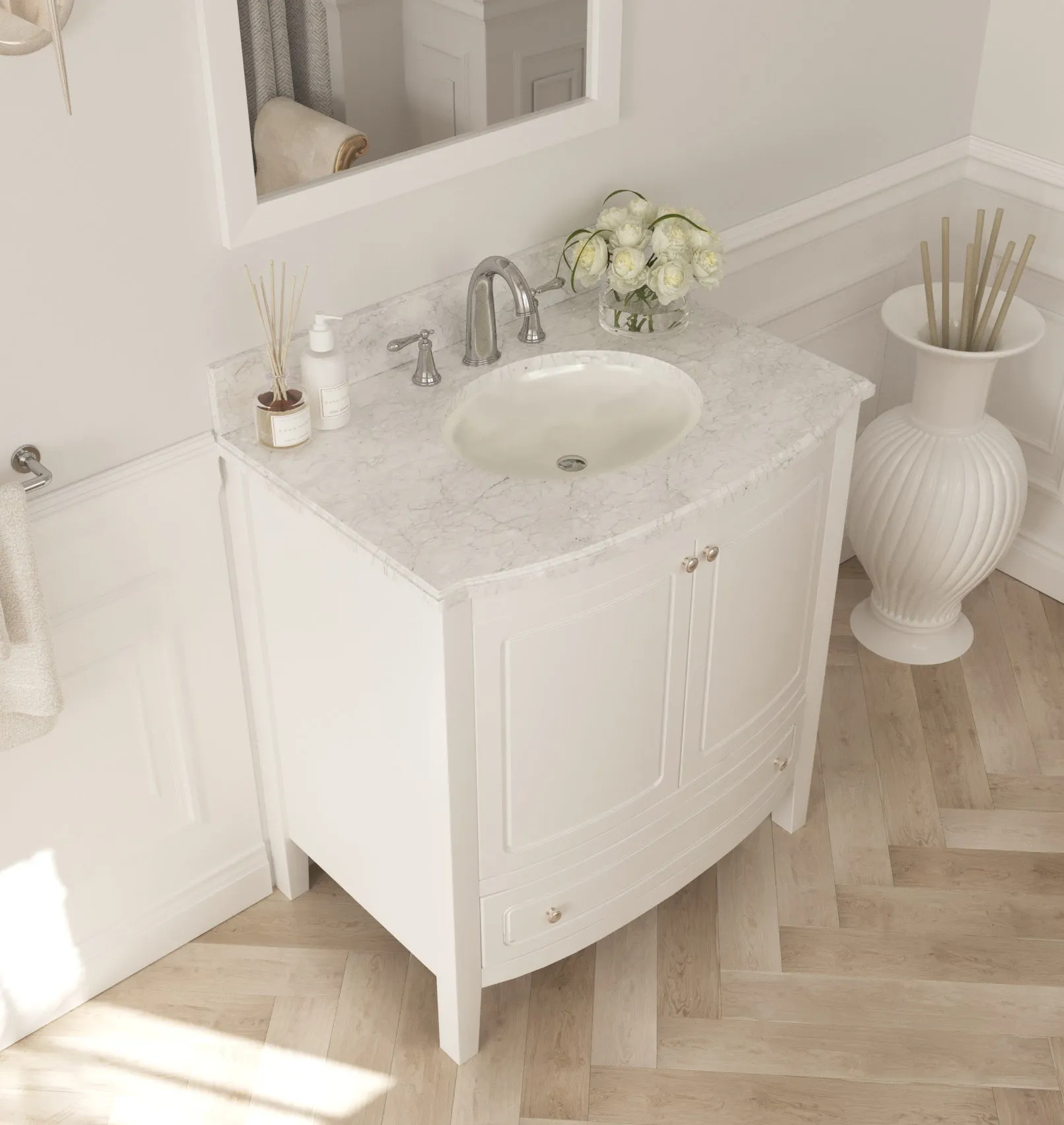 Estella 32 - White Cabinet   White Carrara Marble Countertop