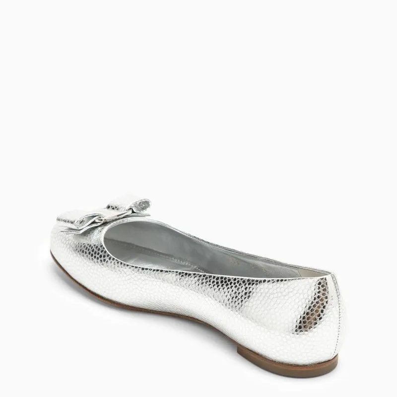 Ferragamo Silver Leather Ballerina with Round Toe and Decorative Bow for Women
