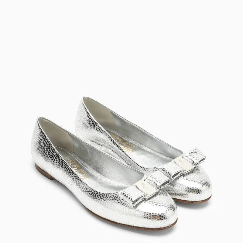 Ferragamo Silver Leather Ballerina with Round Toe and Decorative Bow for Women
