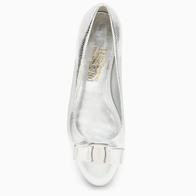 Ferragamo Silver Leather Ballerina with Round Toe and Decorative Bow for Women