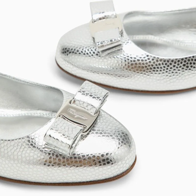 Ferragamo Silver Leather Ballerina with Round Toe and Decorative Bow for Women