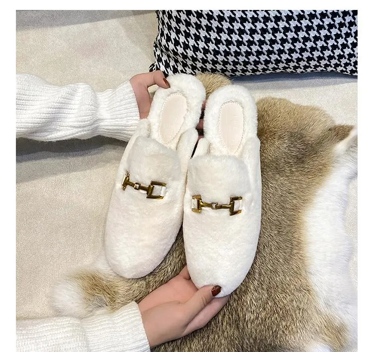Fluffy women's fashion designer flat slippers for outdoor wear warm Oversized Mueller shoes Fluffy Flat Mules Warm