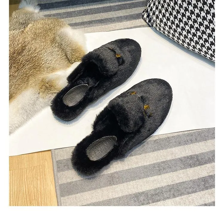 Fluffy women's fashion designer flat slippers for outdoor wear warm Oversized Mueller shoes Fluffy Flat Mules Warm
