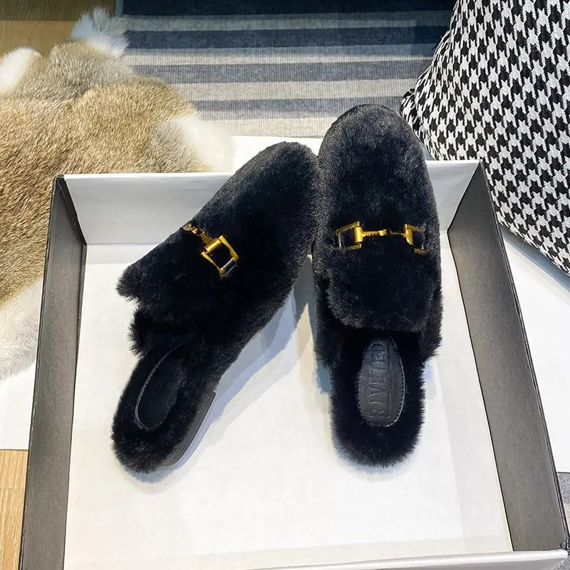 Fluffy women's fashion designer flat slippers for outdoor wear warm Oversized Mueller shoes Fluffy Flat Mules Warm