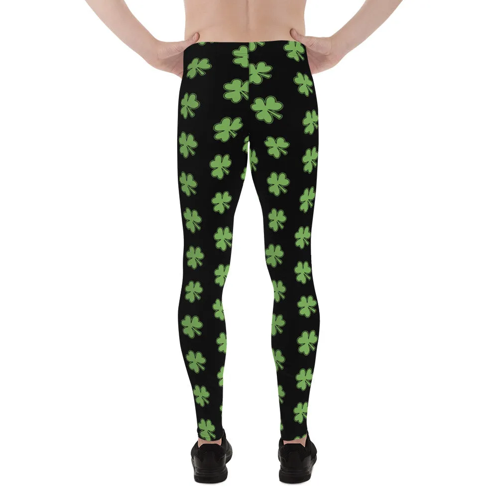 Green Black Clover Meggings, Leaf Print St. Patty's Day Men's Leggings -Made in USA/MX/EU