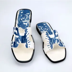 H Strap Tie Dye Leather Non Slip Flat Women Slippers #10387 #22