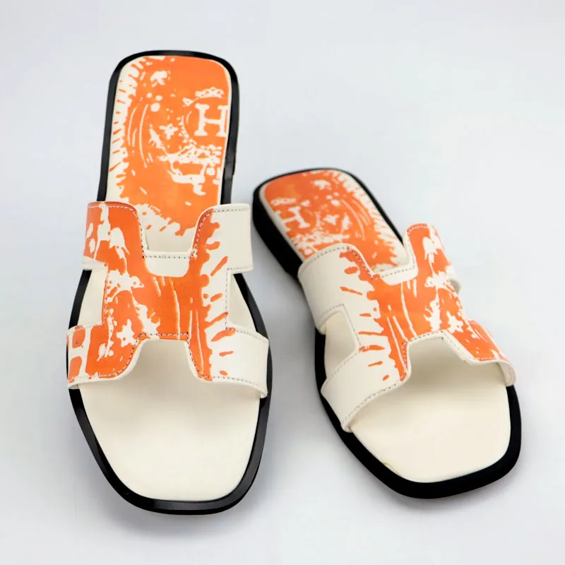 H Strap Tie Dye Leather Non Slip Flat Women Slippers #10387 #22