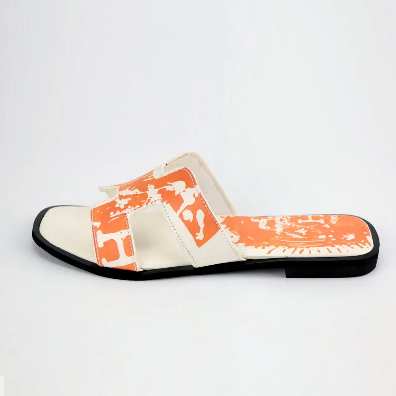 H Strap Tie Dye Leather Non Slip Flat Women Slippers #10387 #22