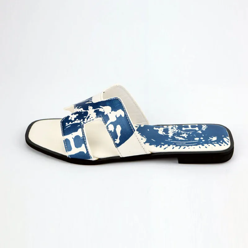 H Strap Tie Dye Leather Non Slip Flat Women Slippers #10387 #22