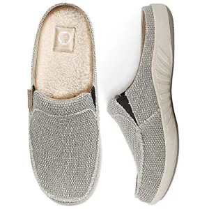House Slippers for Men, Canvas House Slipper for Men with Fuzzy Wool Insole and Velvet Lining, Slip on Clog House Shoes with Indoor Outdoor Anti-Skid Rubber Sole, Grey