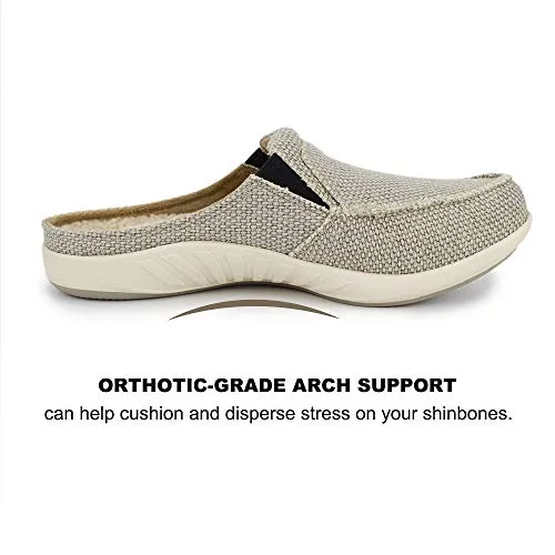 House Slippers for Men, Canvas House Slipper for Men with Fuzzy Wool Insole and Velvet Lining, Slip on Clog House Shoes with Indoor Outdoor Anti-Skid Rubber Sole, Grey