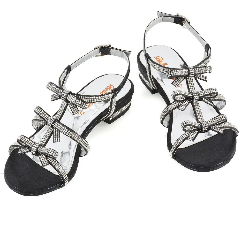 KENZIE LOW BLOCK HEEL BOW DETAIL SPARKLY DIAMANTE ANKLE STRAP FLAT SANDALS IN BLACK