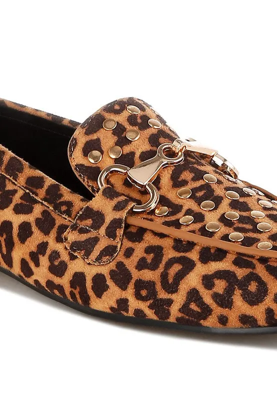 Meopa Horsebit Studs Microfiber Leopard Print Loafers