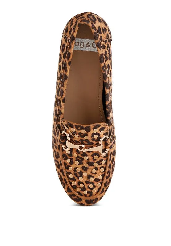 Meopa Horsebit Studs Microfiber Leopard Print Loafers