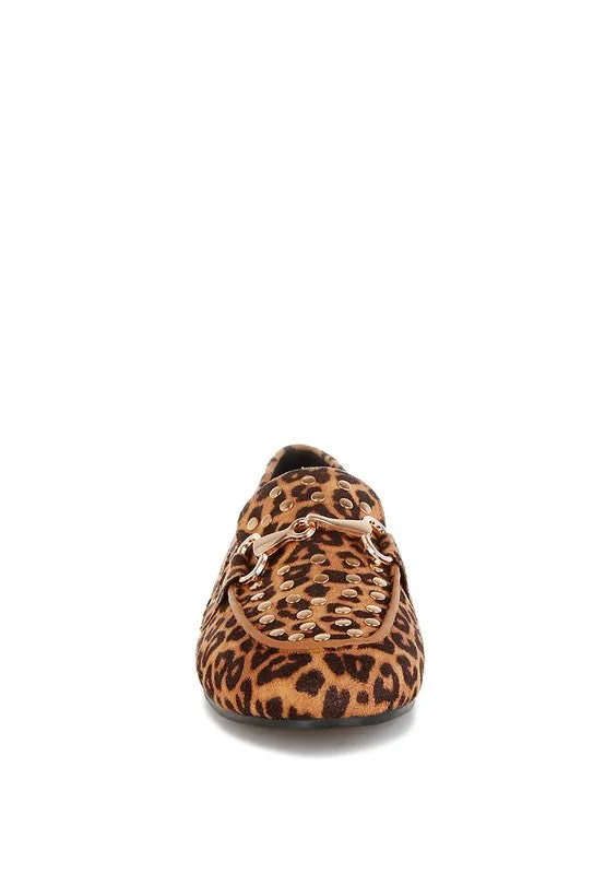 Meopa Horsebit Studs Microfiber Leopard Print Loafers