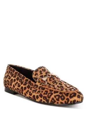 Meopa Horsebit Studs Microfiber Leopard Print Loafers