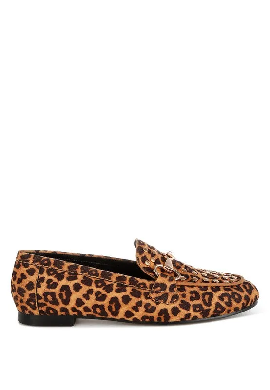 Meopa Horsebit Studs Microfiber Leopard Print Loafers