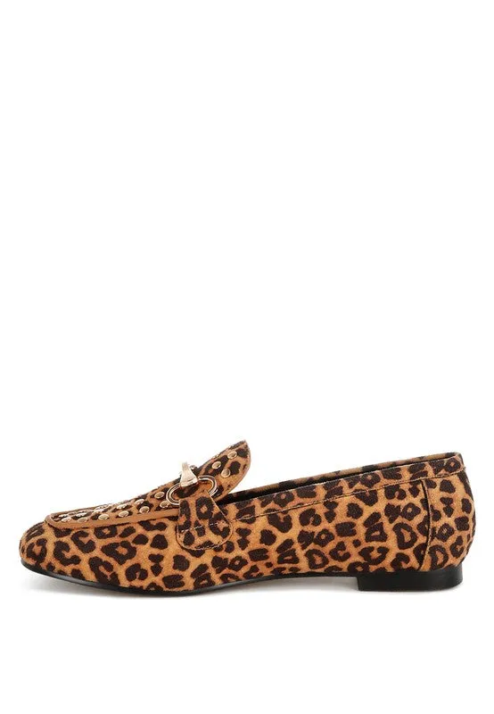 Meopa Horsebit Studs Microfiber Leopard Print Loafers