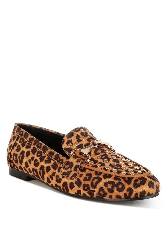Meopa Horsebit Studs Microfiber Leopard Print Loafers