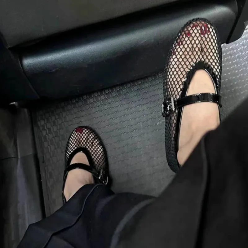 Mesh Crystal Pearl Flat Shoes Woman Square Toe Office Lady Luxury Shoes Big Size Mary Janes Shoes 2024 New Spring Single Shoes