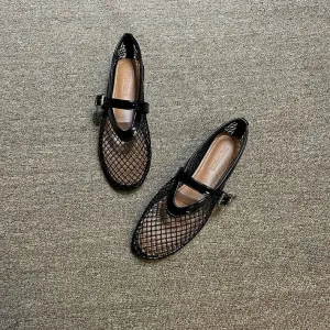 Mesh Crystal Pearl Flat Shoes Woman Square Toe Office Lady Luxury Shoes Big Size Mary Janes Shoes 2024 New Spring Single Shoes
