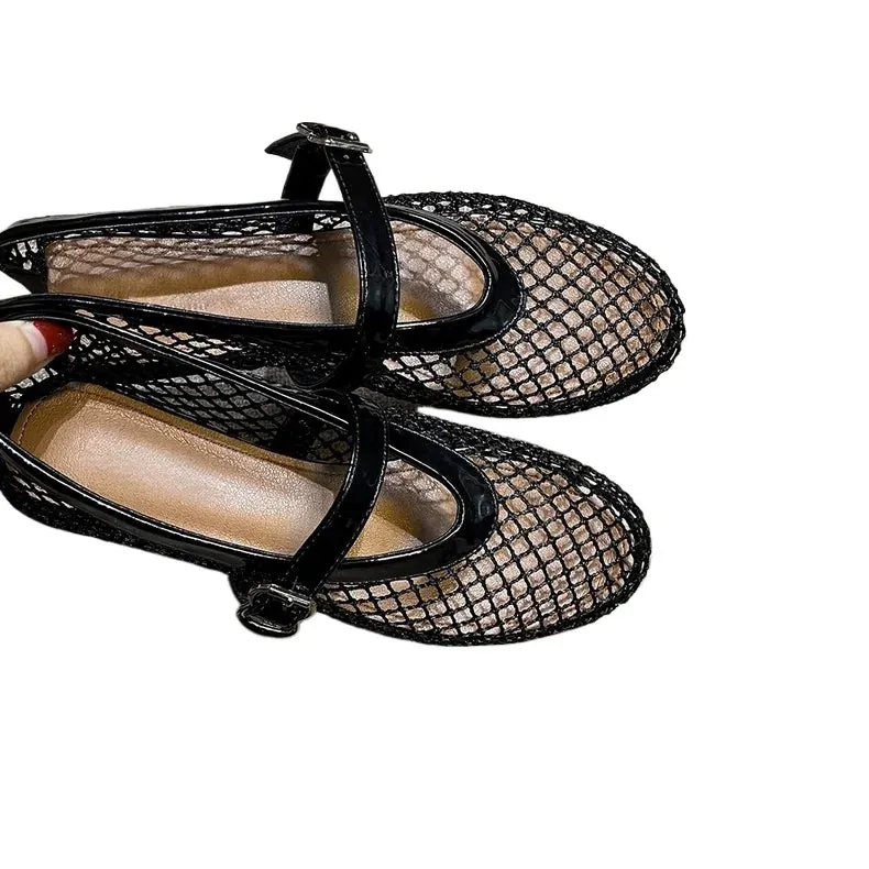 Mesh Crystal Pearl Flat Shoes Woman Square Toe Office Lady Luxury Shoes Big Size Mary Janes Shoes 2024 New Spring Single Shoes