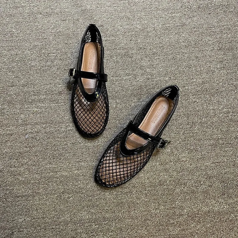 Mesh Crystal Pearl Flat Shoes Woman Square Toe Office Lady Luxury Shoes Big Size Mary Janes Shoes 2024 New Spring Single Shoes
